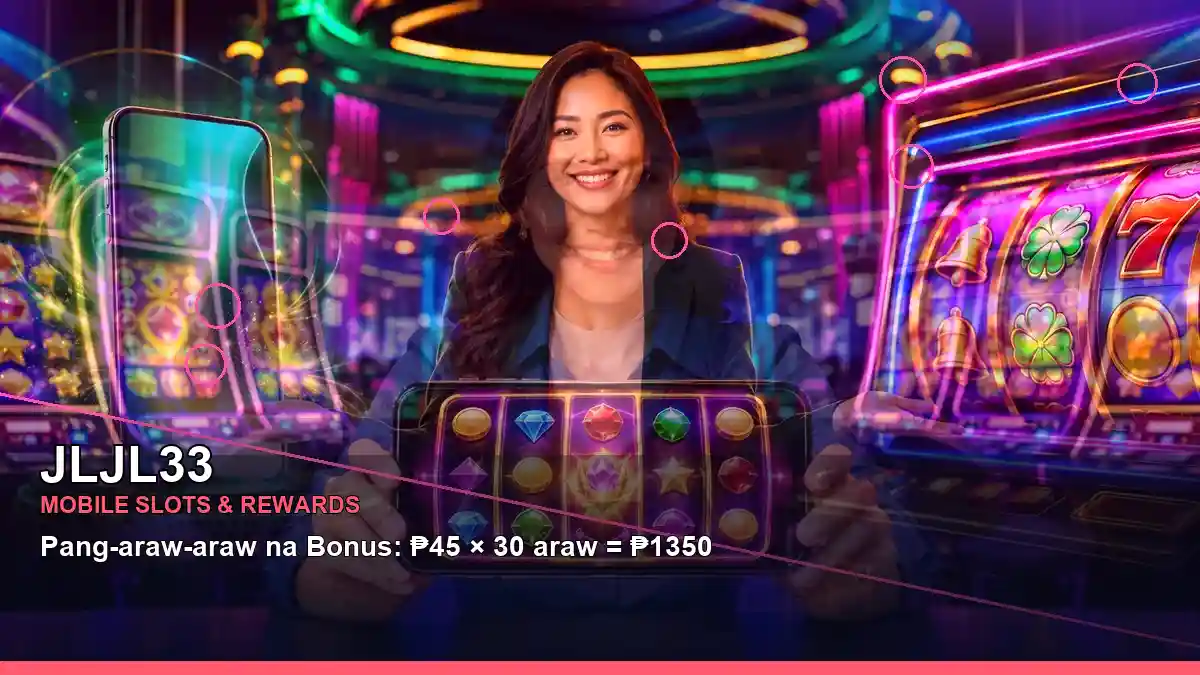 JLJL33 party-themed slot scene with an adult Filipina casino host in a balanced layout