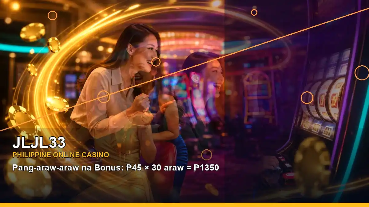 JLJL33 adventure slot games shown with an adult Filipina casino host in a dynamic right-diagonal composition