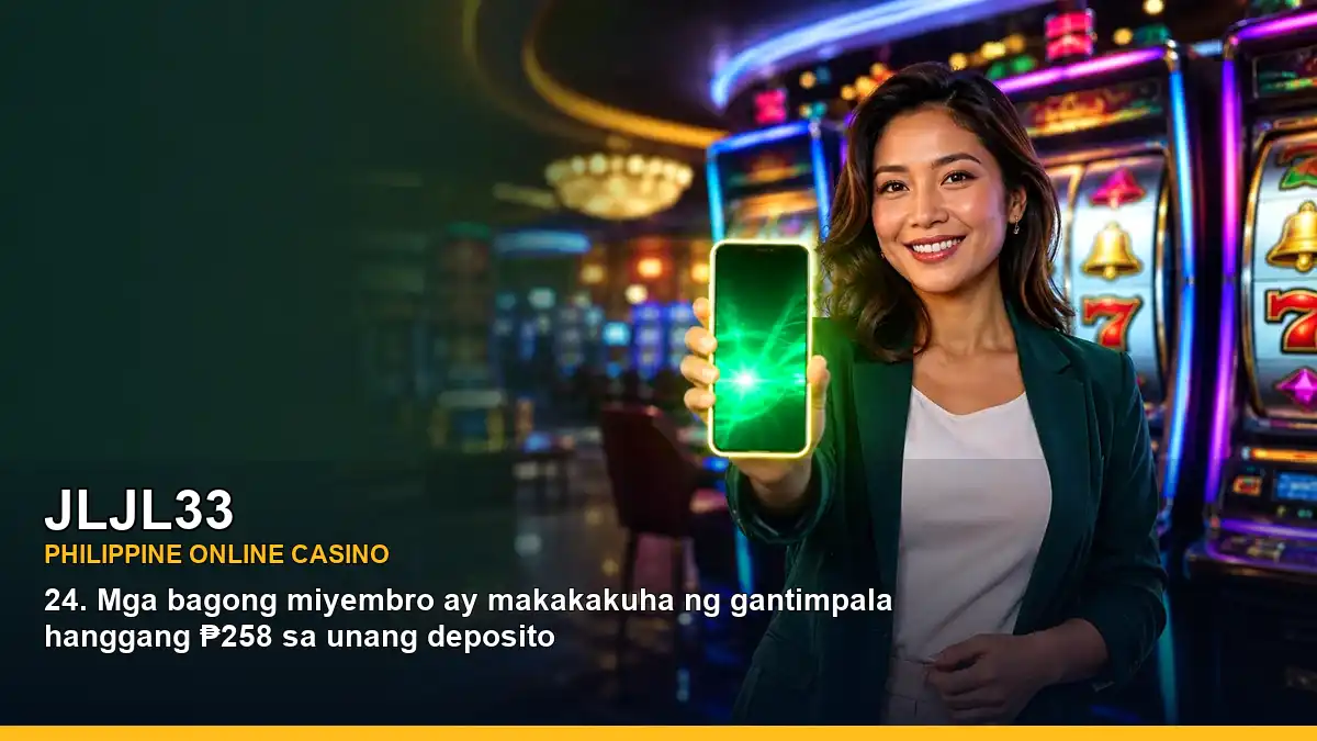 JLJL33 first-deposit promotions presented in a lively casino scene, with helpful access and account information for Philippine players